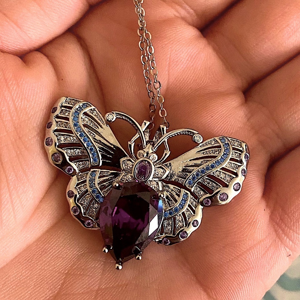 Antique Butterfly Amethyst Pendant Necklace, Silver, Brooch, Wedding, Engagement